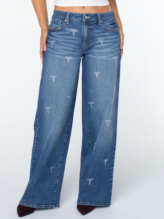 Women's and Women's Plus Stone and Pearl Bow Wide Leg Jeans, Sizes 1-24
