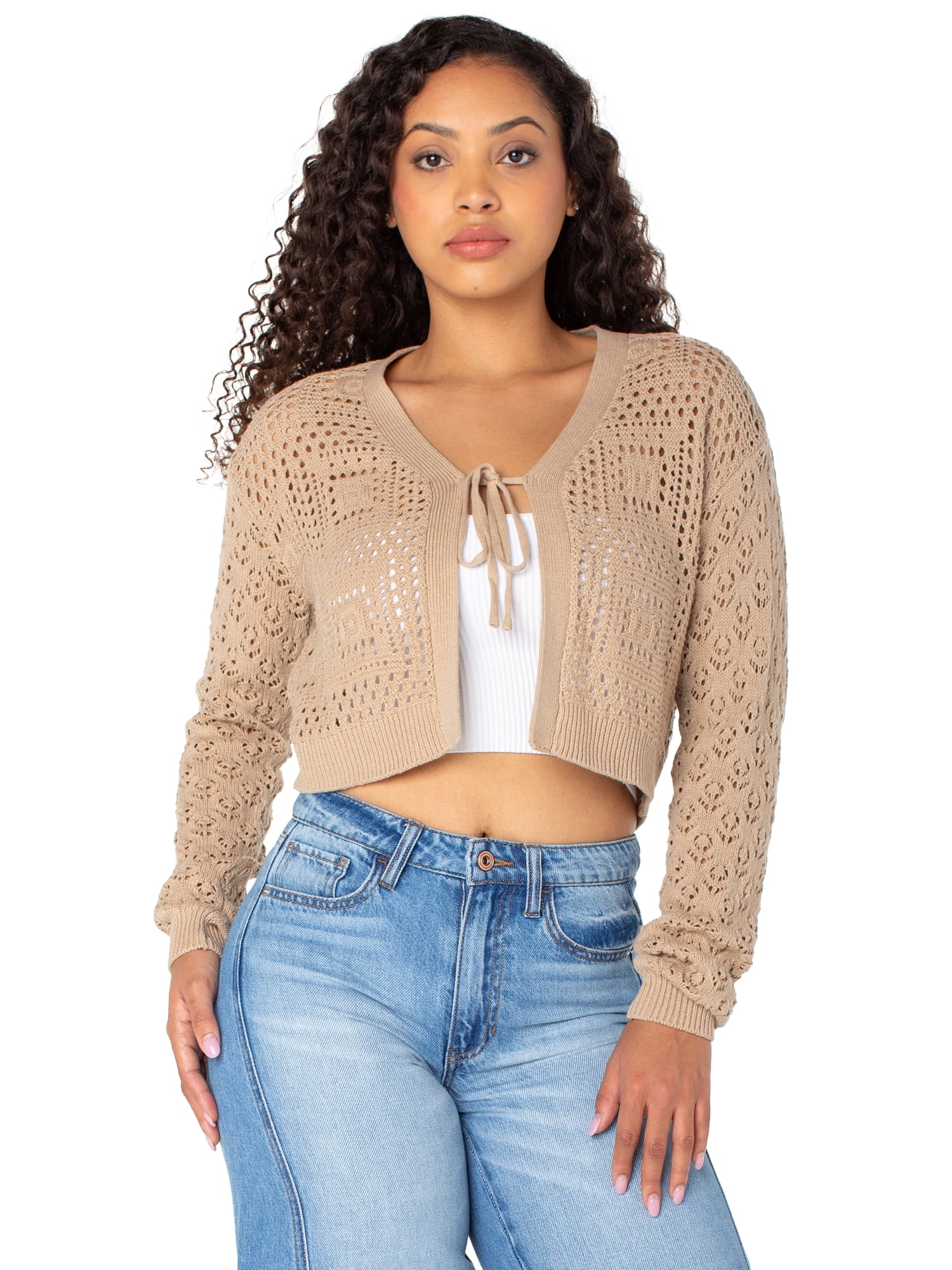 Celebrity Pink Women's and Women's Plus Tie Front Crochet Cardigan, Sizes XS-XXXL