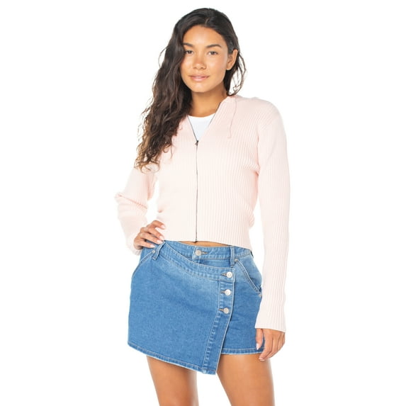 Celebrity Pink Zip Front Ribbed Sweater Hoodie, Women's