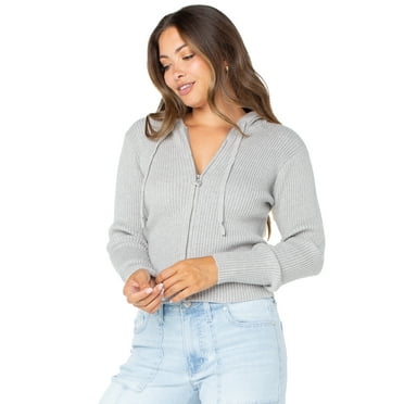 Celebrity Pink Zip Front Ribbed Sweater Hoodie, Women's