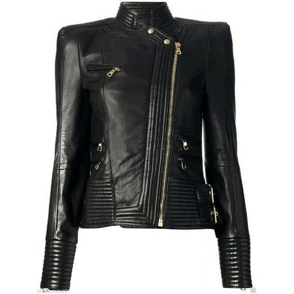 Celebrity Women's Black Lambskin Leather Jacket Motorcycle Slim Fit Biker W353