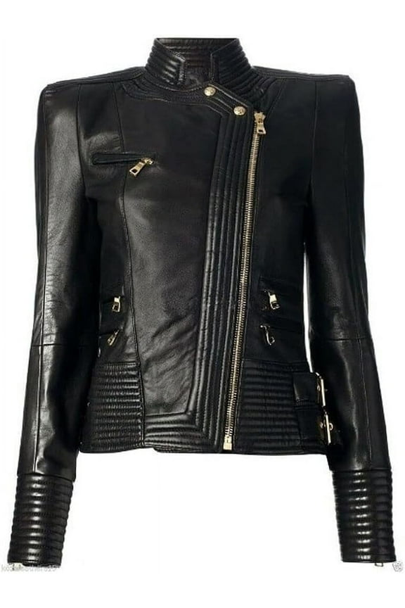 Celebrity Women's Black Lambskin Leather Jacket Motorcycle Slim Fit Biker W353