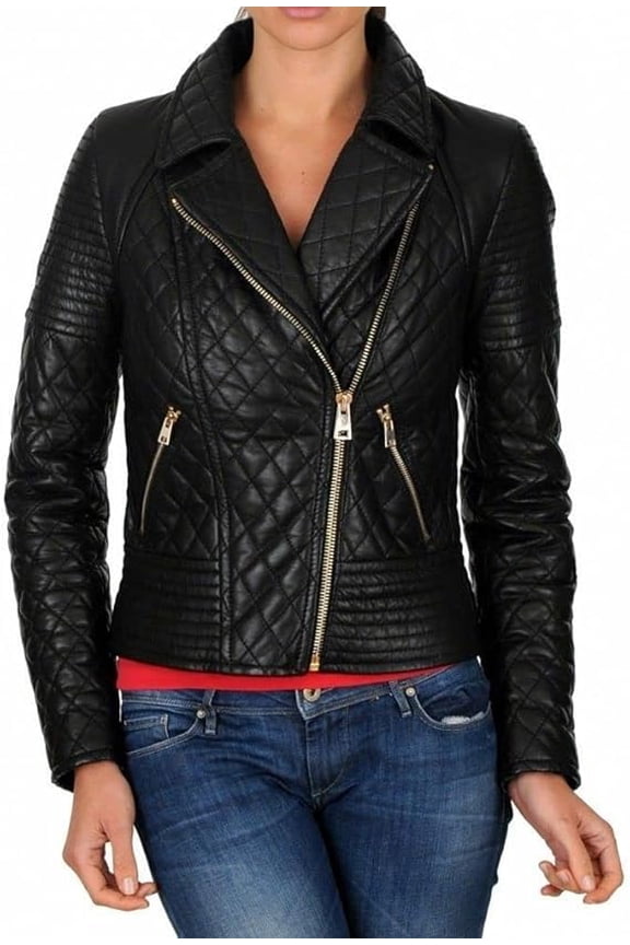 Celebrity Women's Black Quilted Lambskin Leather Jacket Motorcycle Slim Fit Biker W453
