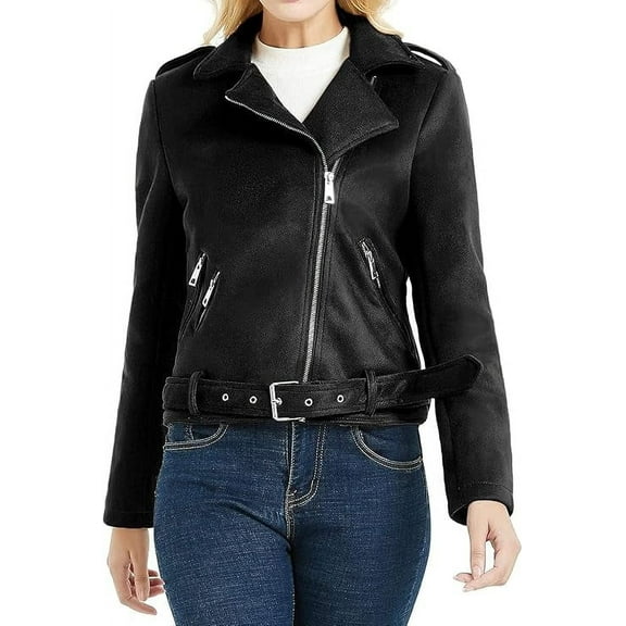 Celebrity Women's Black Suede Leather Belted Jacket Motorcycle Slim Fit Biker W272