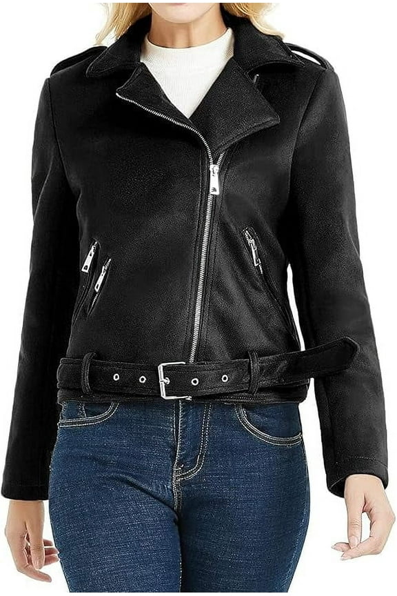 Celebrity Women's Black Suede Leather Belted Jacket Motorcycle Slim Fit Biker W272