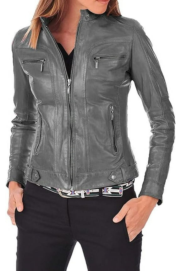 Celebrity Women's Gray Lambskin Leather Jacket Motorcycle Slim Fit Biker W742