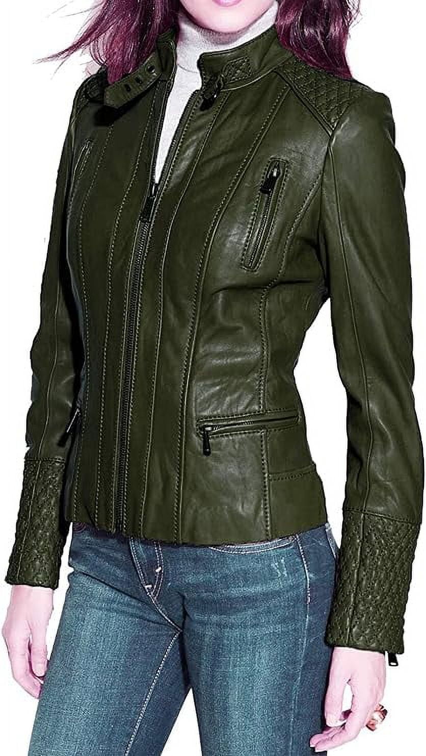 Women's Sea Green Lambskin Leather Jacket - Genuine Leather, Turquoise, Size XL, YKK Zippers