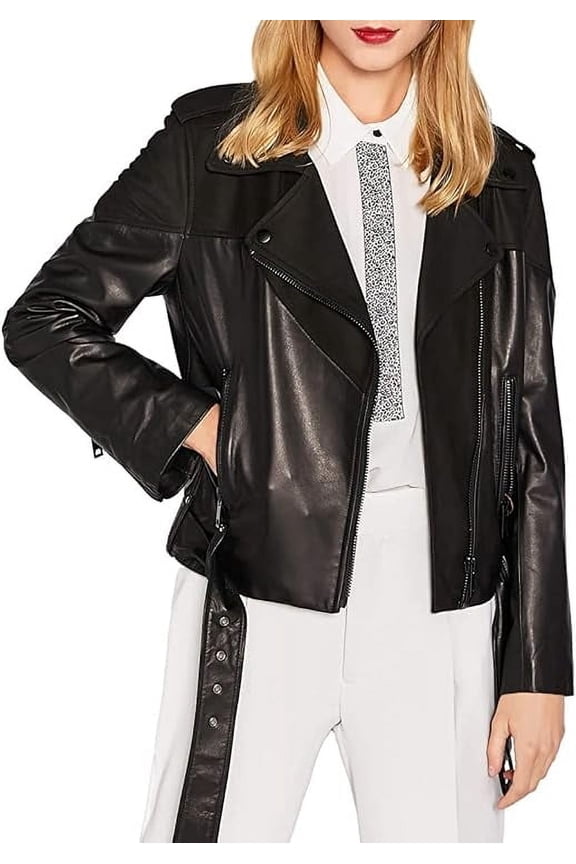 Celebrity Women's Lambskin Black Leather Jacket Motorcycle Slim Fit Biker W296
