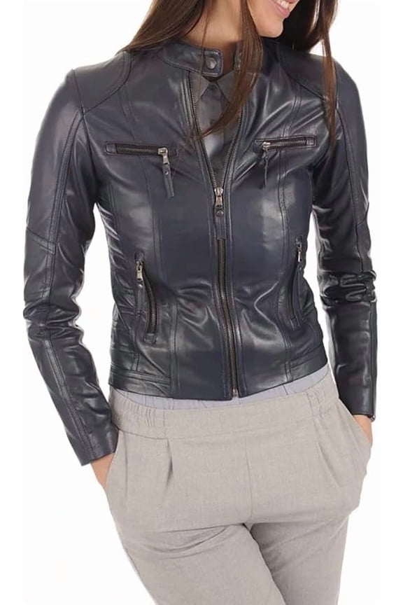 Celebrity Women's Lambskin Blue Leather Jacket Motorcycle Slim Fit Biker W135
