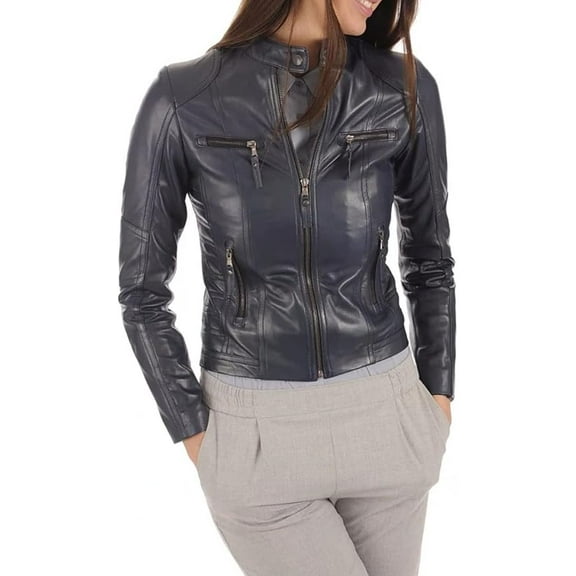 Celebrity Women's Lambskin Blue Leather Jacket Motorcycle Slim Fit Biker W135