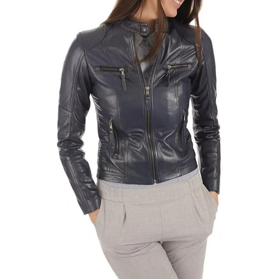 Celebrity Women's Lambskin Blue Leather Jacket Motorcycle Slim Fit Biker W135