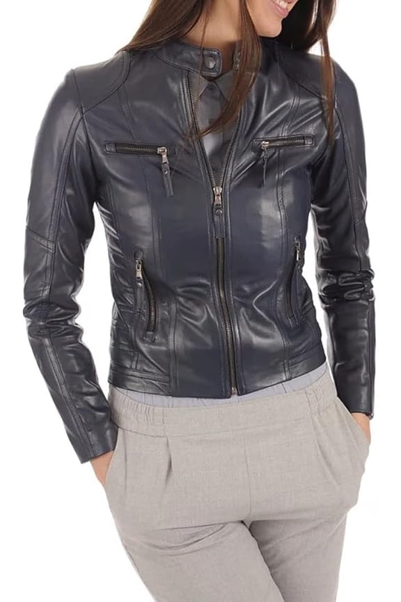 Celebrity Women's Lambskin Blue Leather Jacket Motorcycle Slim Fit Biker W135