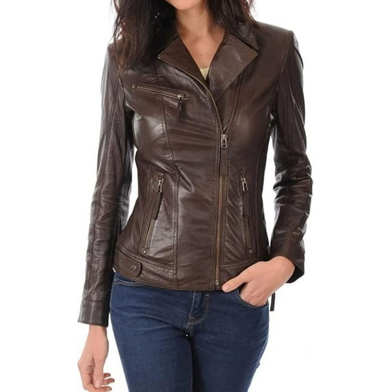Celebrity Women's Lambskin Leather Jacket Motorcycle Slim Fit Biker Brown Jacket W139