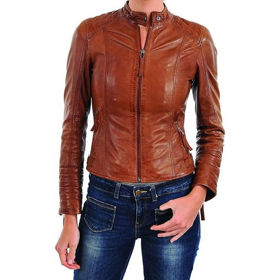 New Women's Tan Leather Motorcycle Biker Jacket 100% Genuine Soft Lambskin W679