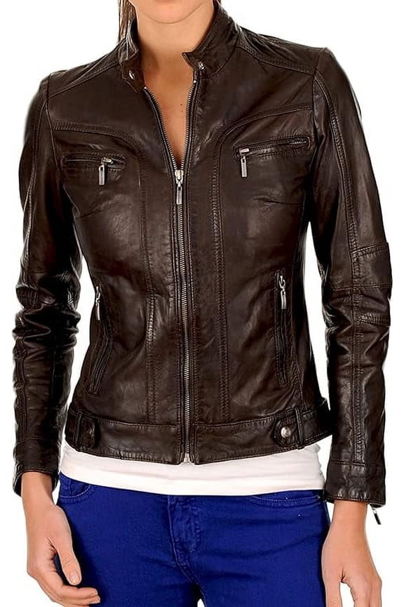 Celebrity Women's Lambskin Leather Jacket Motorcycle Slim Fit Biker W075