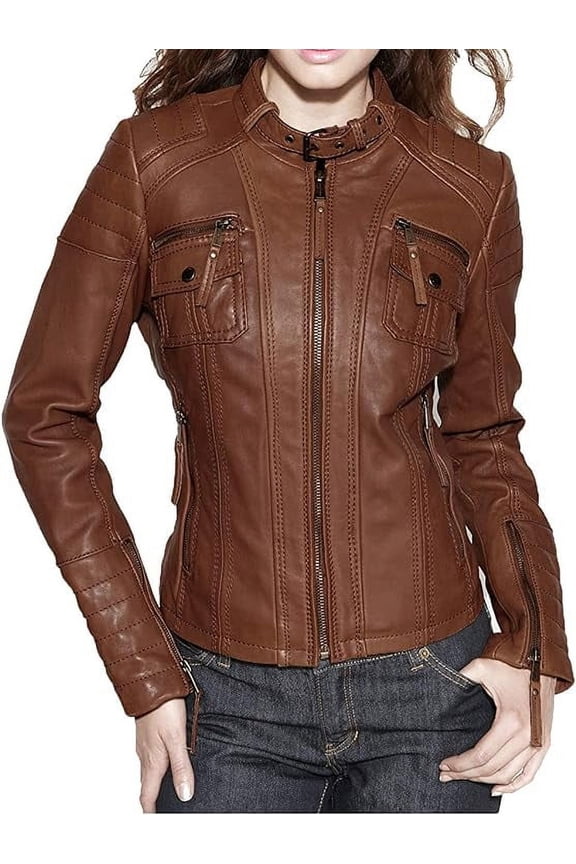 Celebrity Women's Lambskin Leather Jacket Motorcycle Slim Fit Biker W079