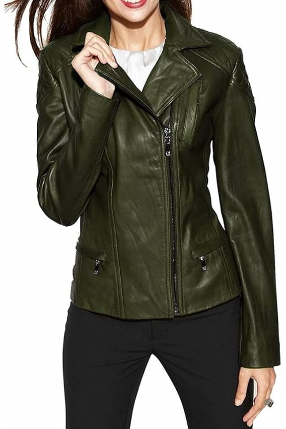 Celebrity Women's Olive Green Lambskin Leather Jacket Motorcycle Slim Fit Biker W441