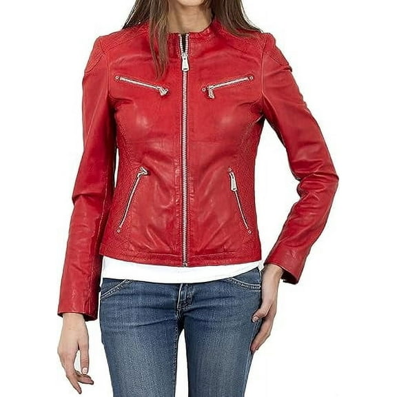 Celebrity Women's Red Lambskin Leather Jacket Motorcycle Slim Fit Biker W643