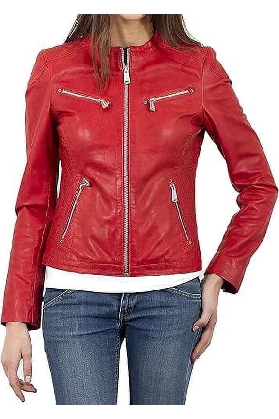 Celebrity Women's Red Lambskin Leather Jacket Motorcycle Slim Fit Biker W643