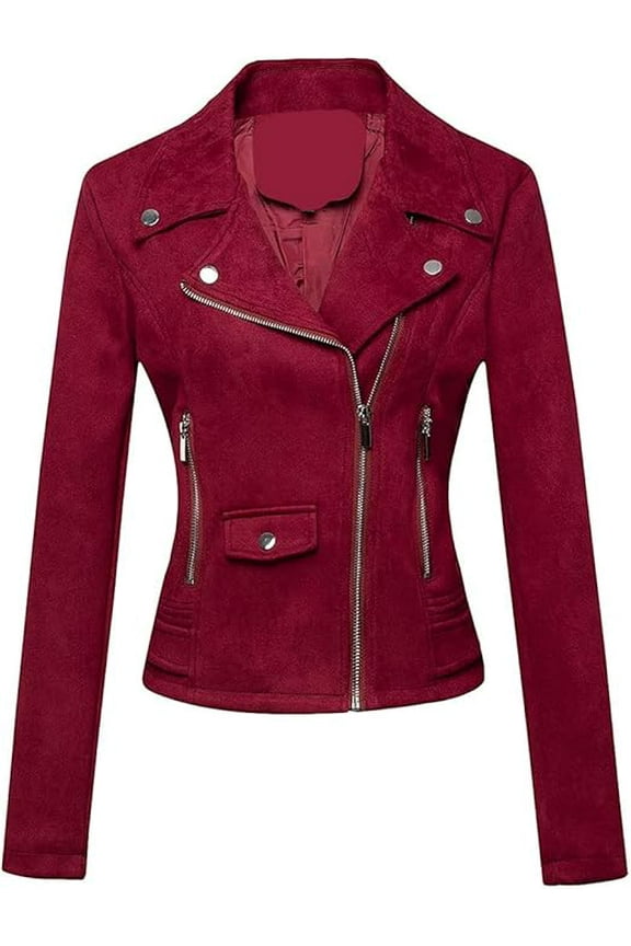 Celebrity Women's Red Suede Leather Jacket Motorcycle Slim Fit Biker W220