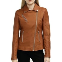 Celebrity Women's Tan Lambskin Leather Jacket Motorcycle Slim Fit Biker W259