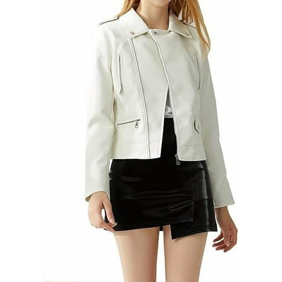 Celebrity Women's White Lambskin Leather Jacket Motorcycle Slim Fit Biker W501