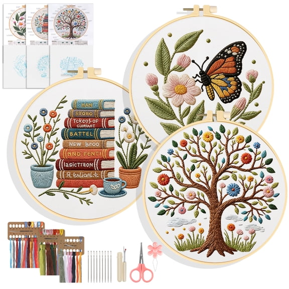 Celectigo 3 Sets Embroidery Kit for Beginners, Embroidery Stitch Practice Kit, Butterfly, Books & Tree Patterns with Hoop and Tools