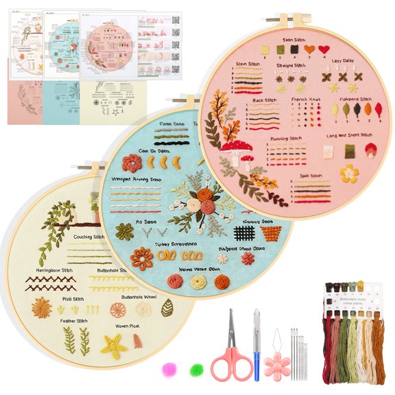 Celectigo 3 Sets Embroidery Kit for Beginners, Learn Over 30 Different Stitches, DIY Cross Stitch Practice Kits with Hoop and Tools