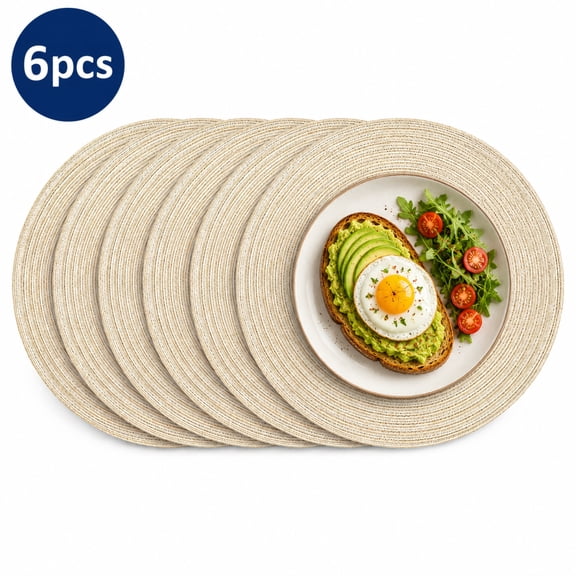 Celectigo 6pcs Round Braided Placemats Set, Cotton Fabric Round Table Mats, 11.8" Place Mats for Dining, Woven Kitchen Table Mats, Beige
