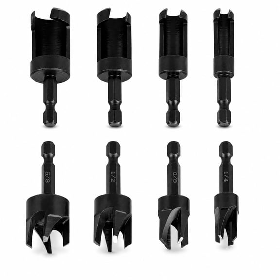 Celectigo 8-Piece Wood Plug Cutter Drill Bit Set, Straight & Tapered, 1/4 in Hex Shank, Carbon Steel