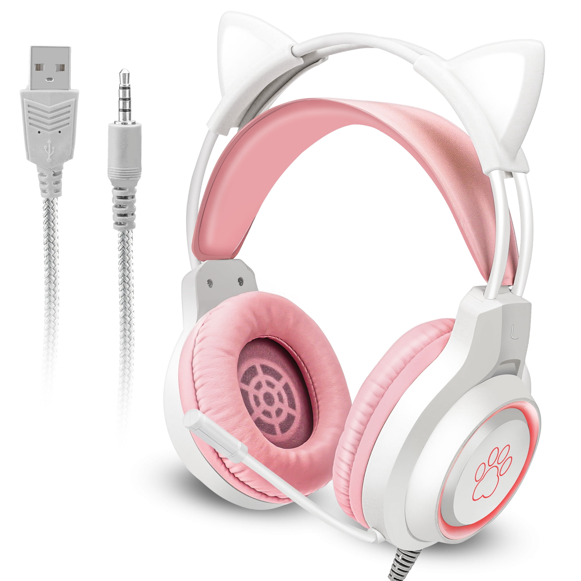 Celectigo Cat Ear Gaming Headset with RGB Lighting, Noise Cancelling Microphone, Stereo Surround Sound, Foldable & Detachable Ears, Compatible with PC, PS4, Xbox, Switch and More (Pink/White)