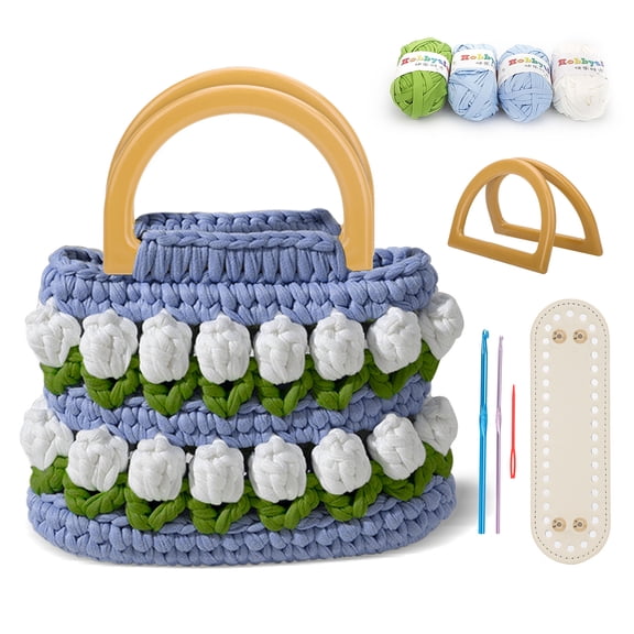 Celectigo DIY Crochet Bag Making Kit – Woven Handbag with D-Shape Handles & Fabric Straps – Soft & Durable, Perfect for Handmade Tote Bags or Gifts (White Tulip )
