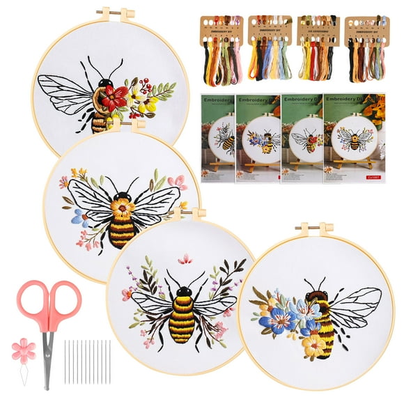 Celectigo Embroidery Kit for Beginners and seasoned embroidery enthusiasts— 4 Pack Bee and Flower Cross Stitch Kits with Sewing Set of Hoops, Threads, Needles