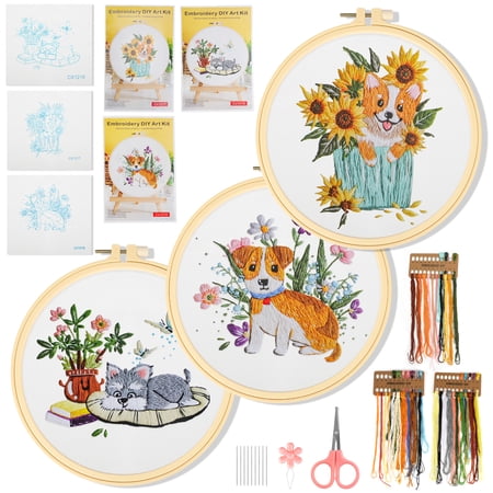 Celectigo Embroidery Kit for Beginners — 3 Pack Cat & Dog Pattern Cross Stitch Kits with Sewing Set of Hoops, Threads, Needles