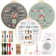 Celectigo 3-Pack Embroidery Kits, Hand Cross Stitch Embroidery Kit for Beginners, Stamped Flower Patterns with Hoops, Color Threads, Needles & Full Sewing Set