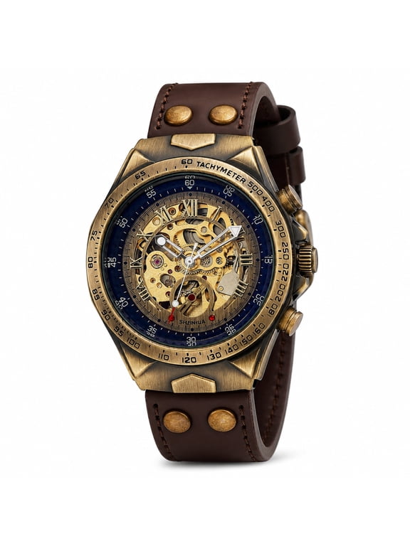 Men's Automatic Mechanical Watch, 40mm Skeleton Dial Wristwatch with Brown Leather Strap, Gold-Tone Retro Design