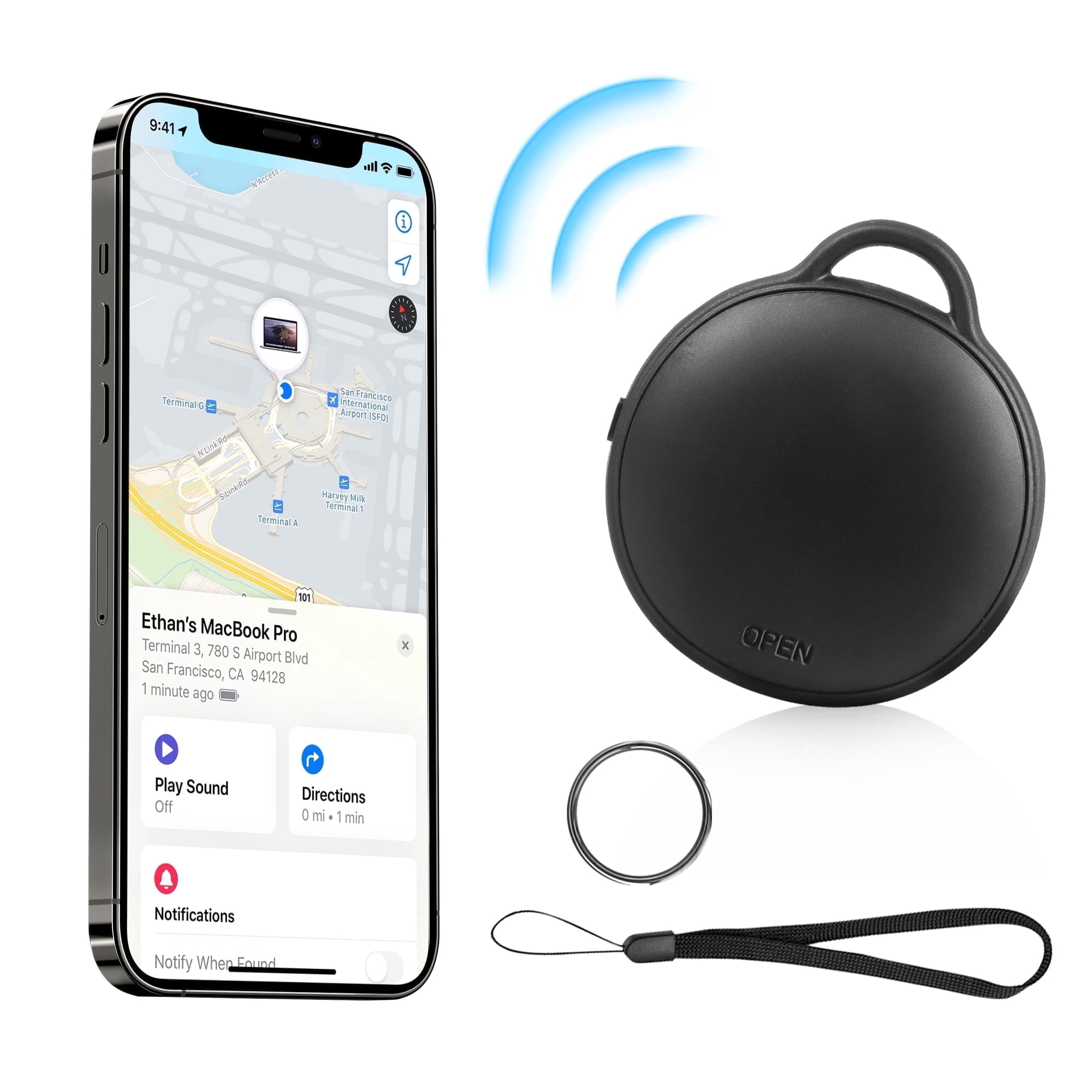 Celectigo Bluetooth Tracker for Apple Find My, iOS Only Smart Item Finder for Keys and Luggage, IP67 Water-Resistant Tag with Replaceable Battery and Lanyard, B
