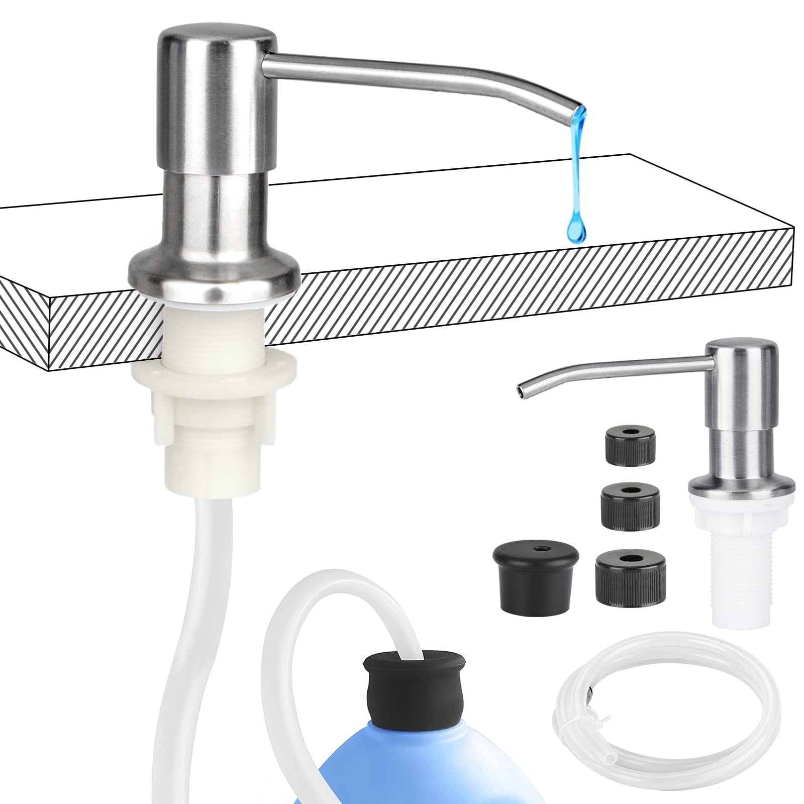 Celectigo Soap Dispenser for Kitchen Sink, Brushed Nickel Stainless Steel Pump Head with 47 inches Extension Tube & 4 Corks. Design for Kitchen Bathroom, Easy to Press, No More Refills
