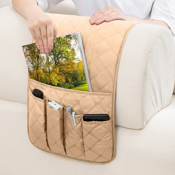 Celectigo Sofa Armrest Organizer, Remote Control Holder, 5 Pockets Non Slip Recliner Organizer, Couch Caddy Organizer, Bed Desk Storage Pocket for Phone Tablet Kindle Magazines, Beige