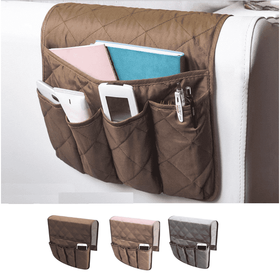 Celectigo Sofa Armrest Organizer – 5-Pocket Couch Caddy for Sofas, Recliners & Armchairs – Durable Remote Control, Tablet, Phone & Magazine Holder – Easy to Install, Perfect for Living Room (Brown)