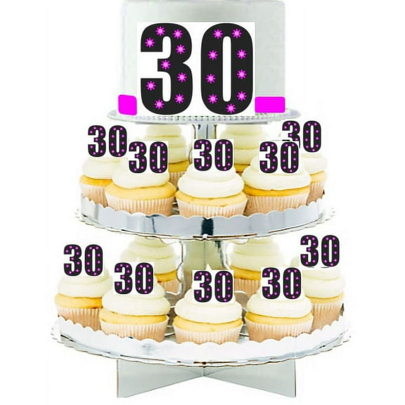 Celerbate 30 Pink & Black Edible Photo Toppers & Edible Cupcake Decoration Kit