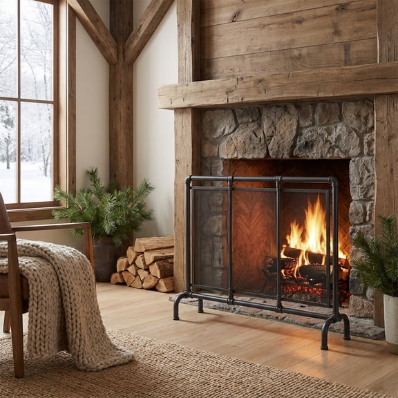 Celeste 1 Panel Iron Fireplace Screen 36" W x 29" H, Black