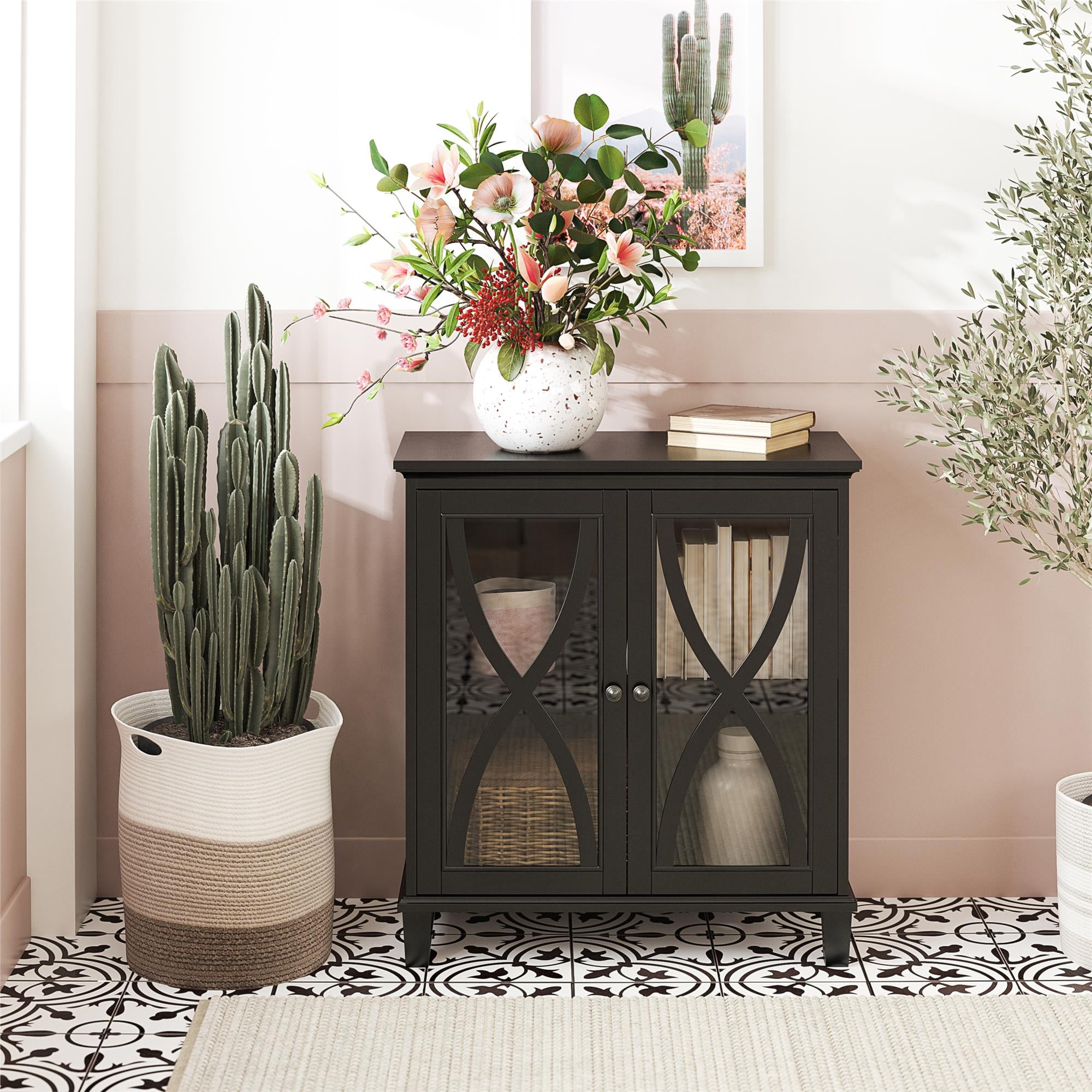 Black Glass-Paned Double Door Accent Cabinet with Adjustable Shelves