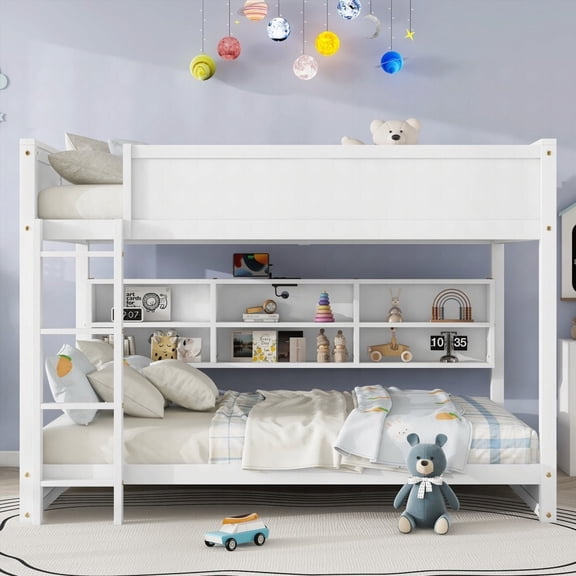 Queen Size solid pine floor bunk bed frame with built-in storage, no box spring, white for master bedroom