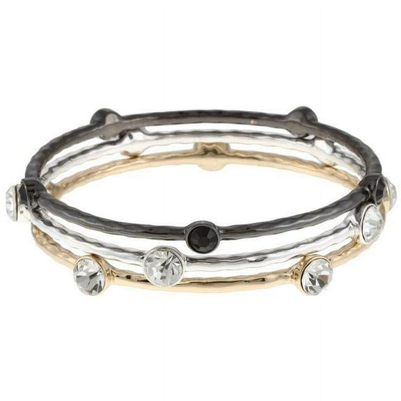 Celeste  Celeste Tri-Color Crystal Bangles -Set of 3 - Black Goldtone and Silvertone Electroplated