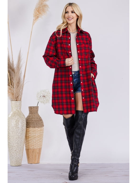 Women's Oversized Flannel Button Down Shacket with Pockets Red Plaid-Medium