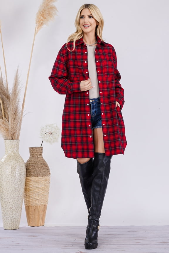 Women's Oversized Flannel Button Down Shacket with Pockets Red Plaid-Plus Size One Size