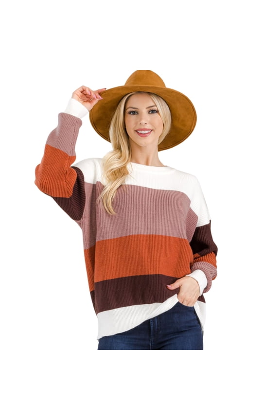 's Women's Pullover Crew Neck Knit Sweater with Long Sleeves in Terracotta -Plus Size