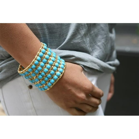 Celeste  Goldtone 5-Row Square Cabochon Stretch Cuff Bracelet - Available in White Coral Turquoise Black and Lavender