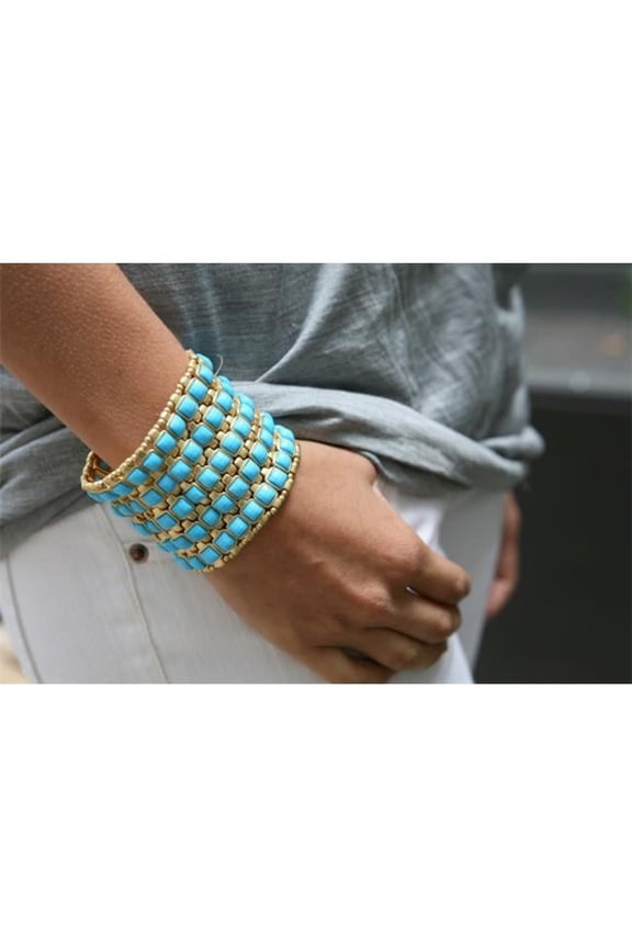 Goldtone 5-Row Square Cabochon Stretch Cuff Bracelet - Available in White Coral Turquoise Black and Lavender